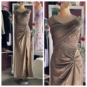 Vintage 90s Evening Maxi Dress Gold Satin Prom Sleeveless Ruched Formal XS